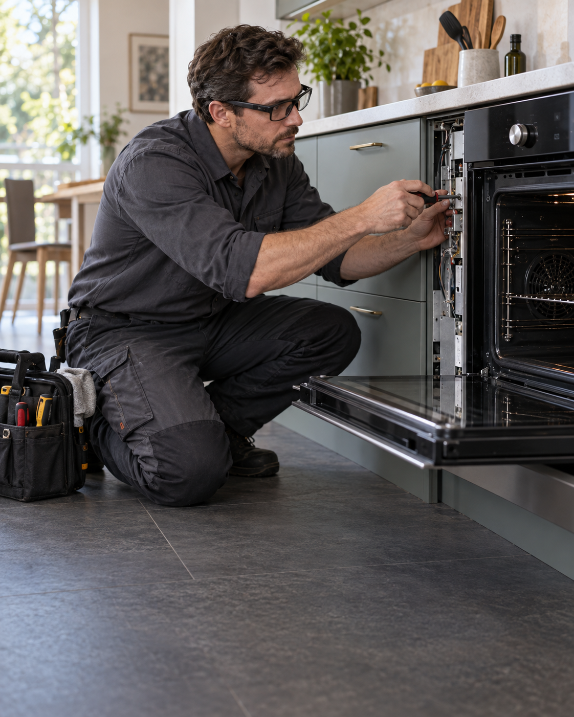 An appliance technician wearing smart glasses repairing an oven in a home kitchen