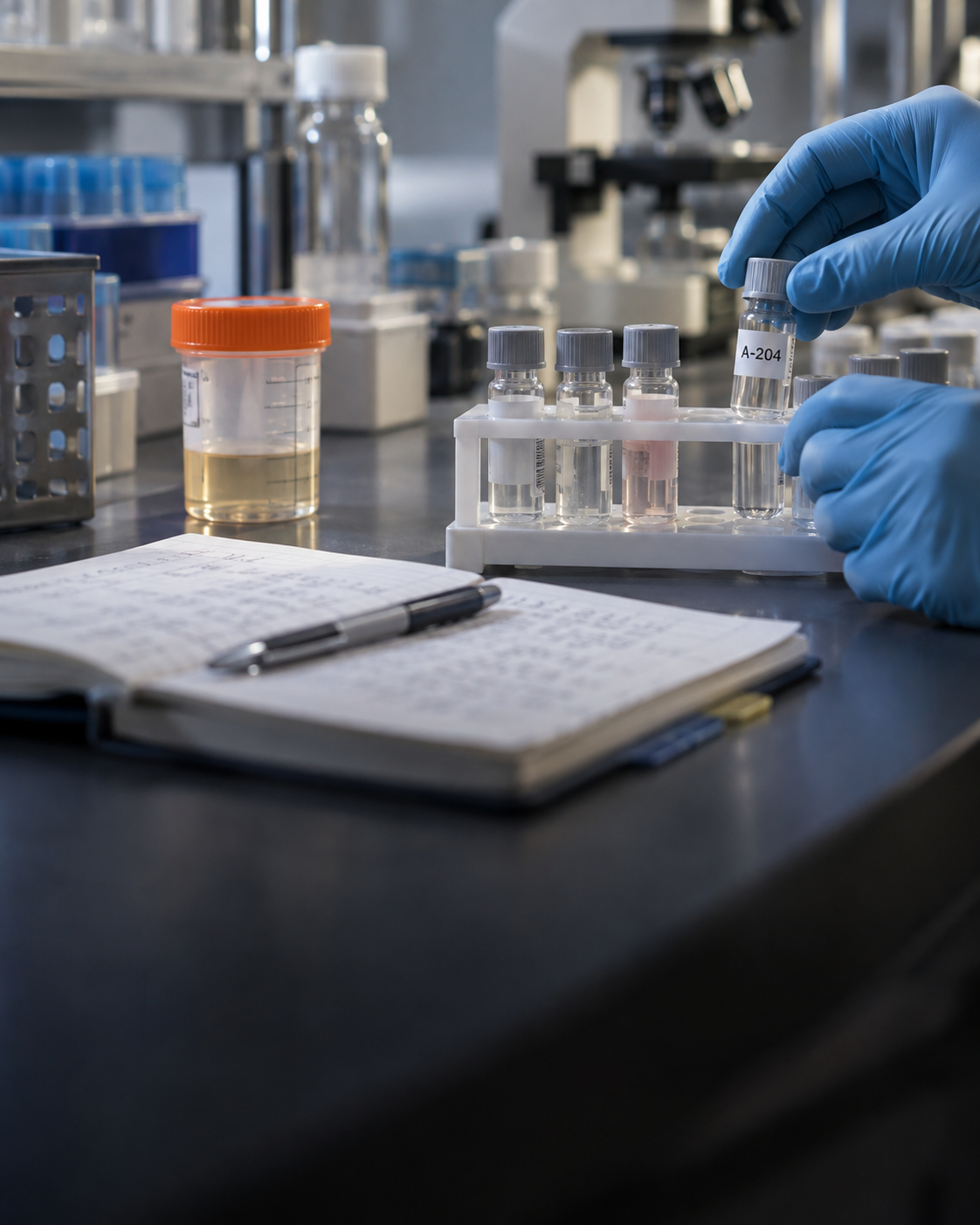 Gloved hands handling sample A-204 at a laboratory workbench