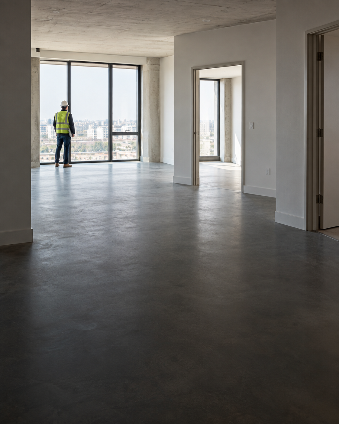 A site professional inspecting an unfinished property with large windows
