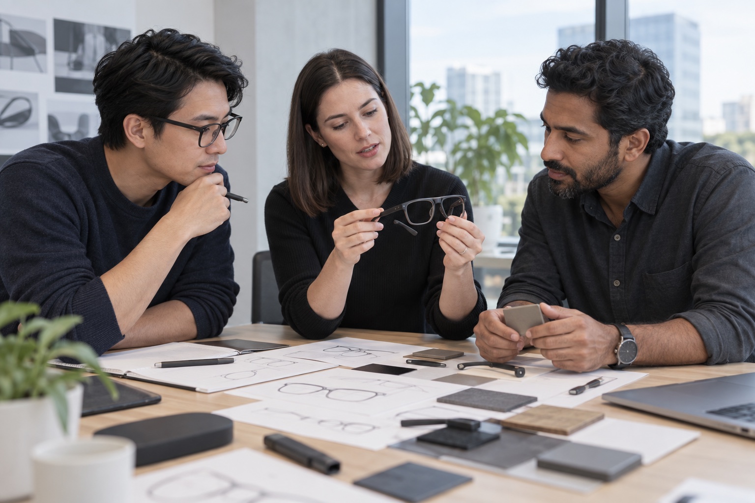 A product team reviewing a smart-eyewear prototype and design materials