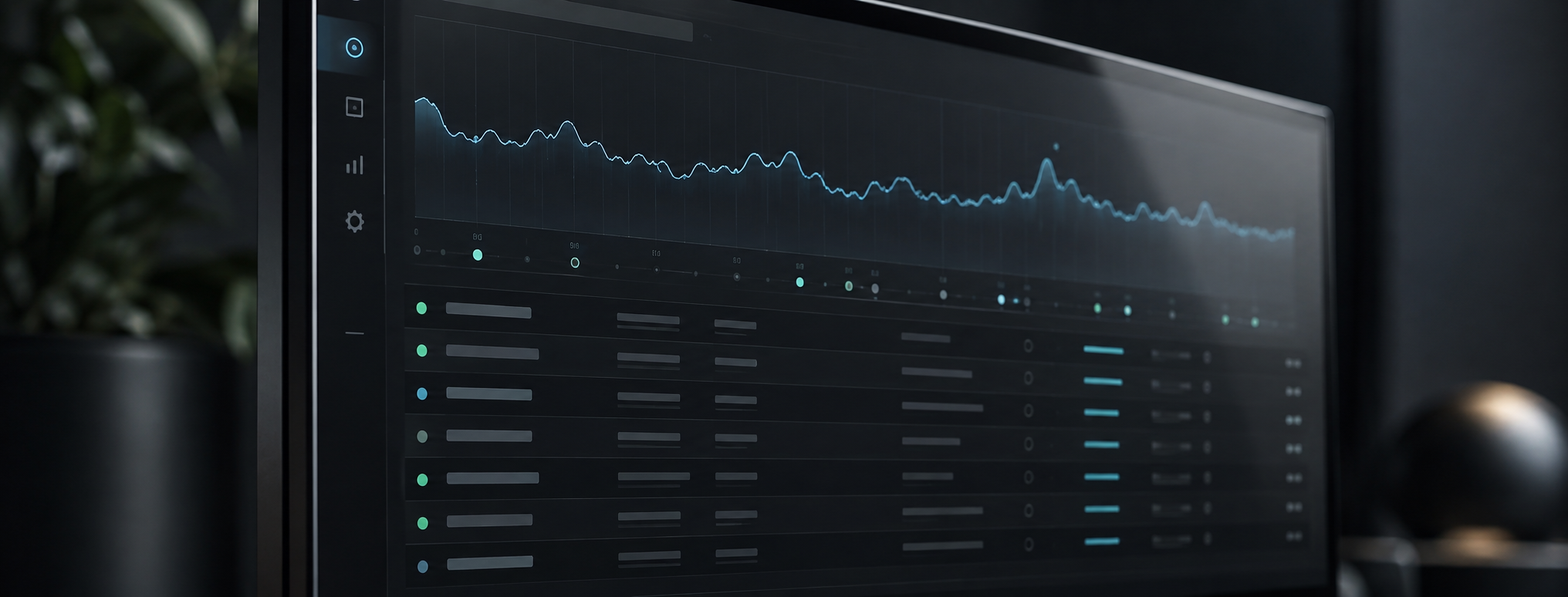 A dark workflow dashboard with activity charts and structured records